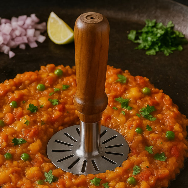 Stainless Steel Potato Masher, Pav Bhaji Masher with wooden handle